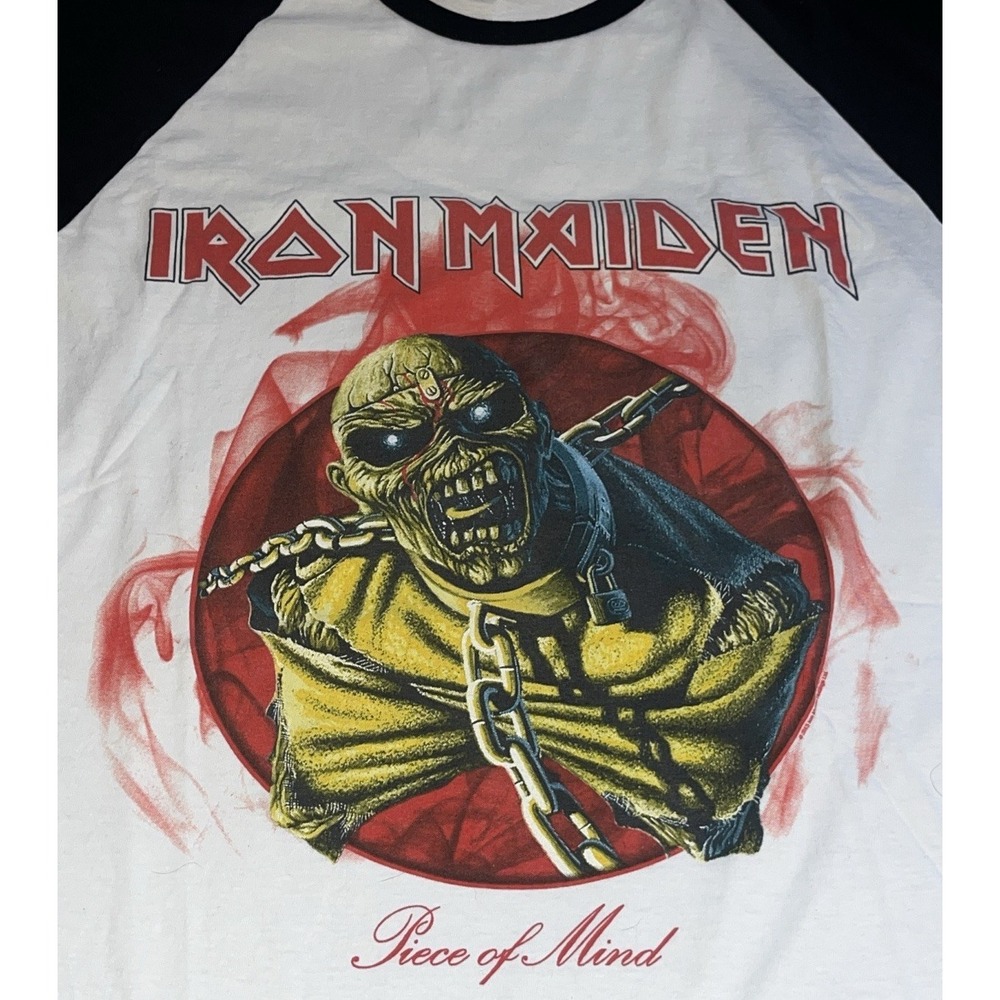 Iron Maiden Piece of Mind Eddie Raglan Baseball T-Shirt Men's XXL Black White LS